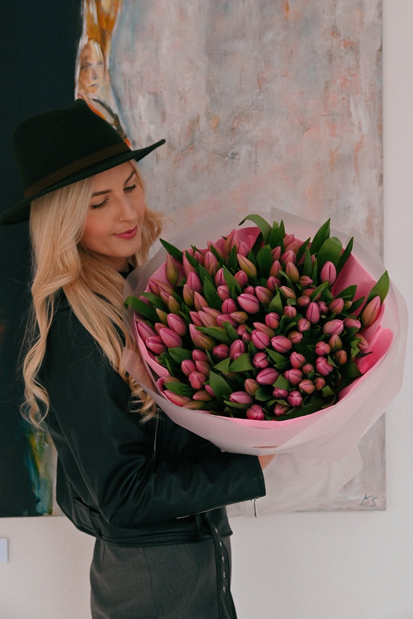 Bukiet 100 Różowych Tulipanów - kwiaty Flower Store Warszawa