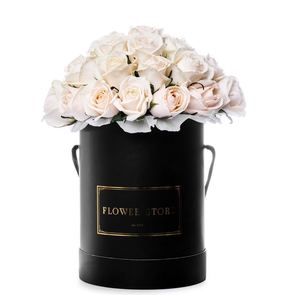 Duże czarne pudełko z białymi wiecznymi różami - kwiaty Flower Store Warszawa